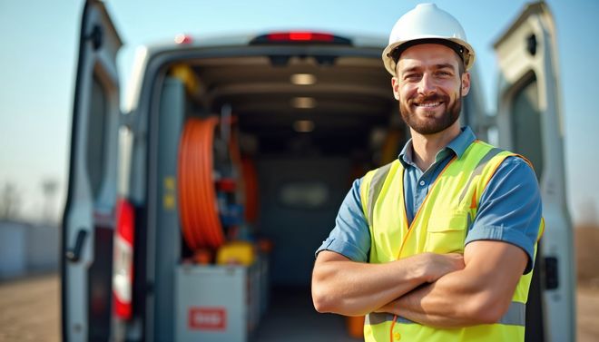 A smiling worker in a high-visibility vest and hard hat stands with arms crossed in front of a service van.