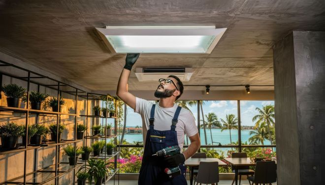 Man in overalls installs a skylight in a room with a view of palm trees and the sea