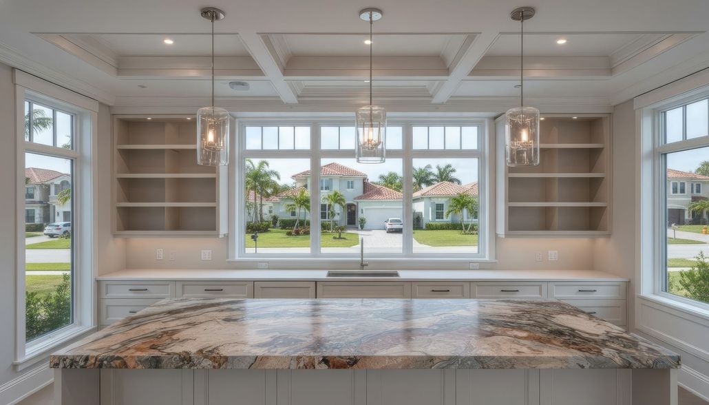 Kitchen with large granite island, built-in shelves, three pendant lights, and large window overlooking neighborhood