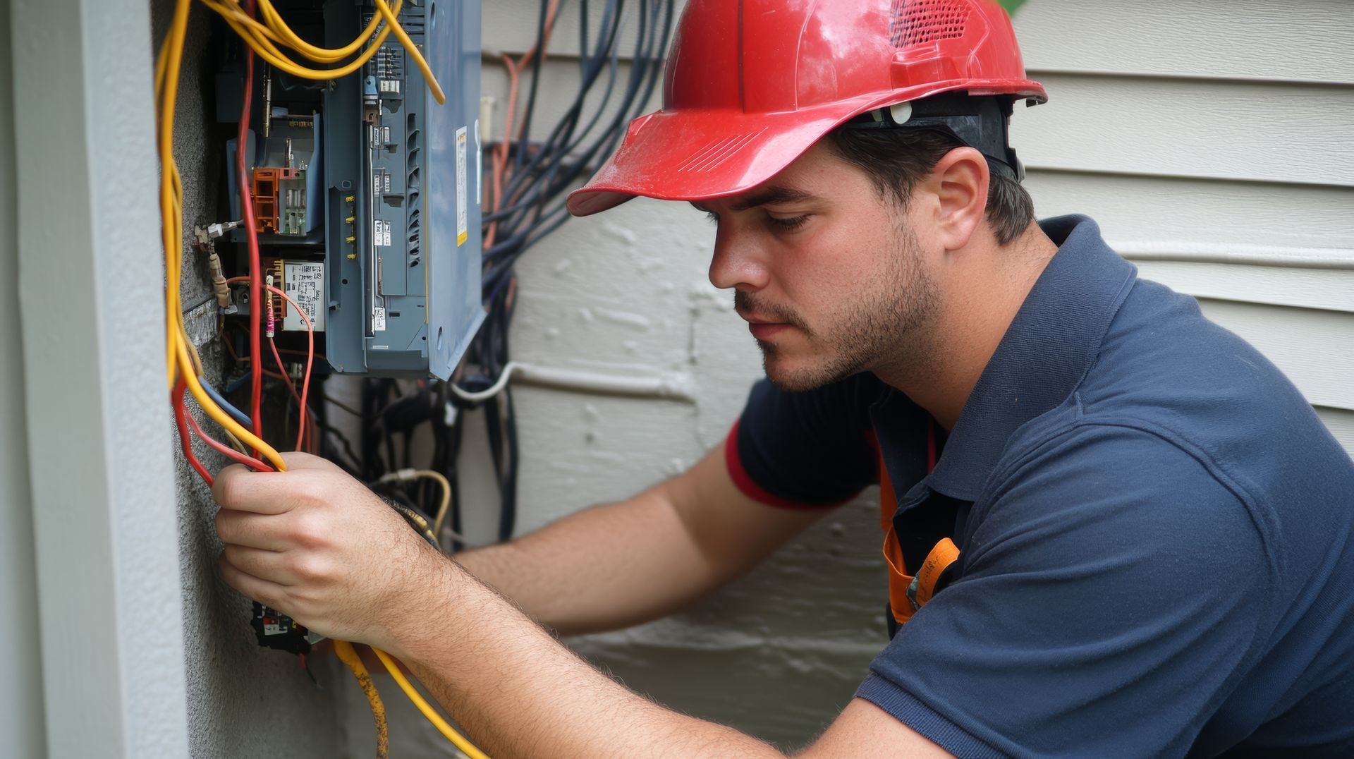 Electrician in a red hard hat working on an electrical panel outside