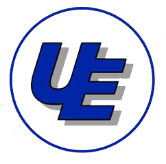 Blue "UE" letters with shadow inside a blue circle on white.