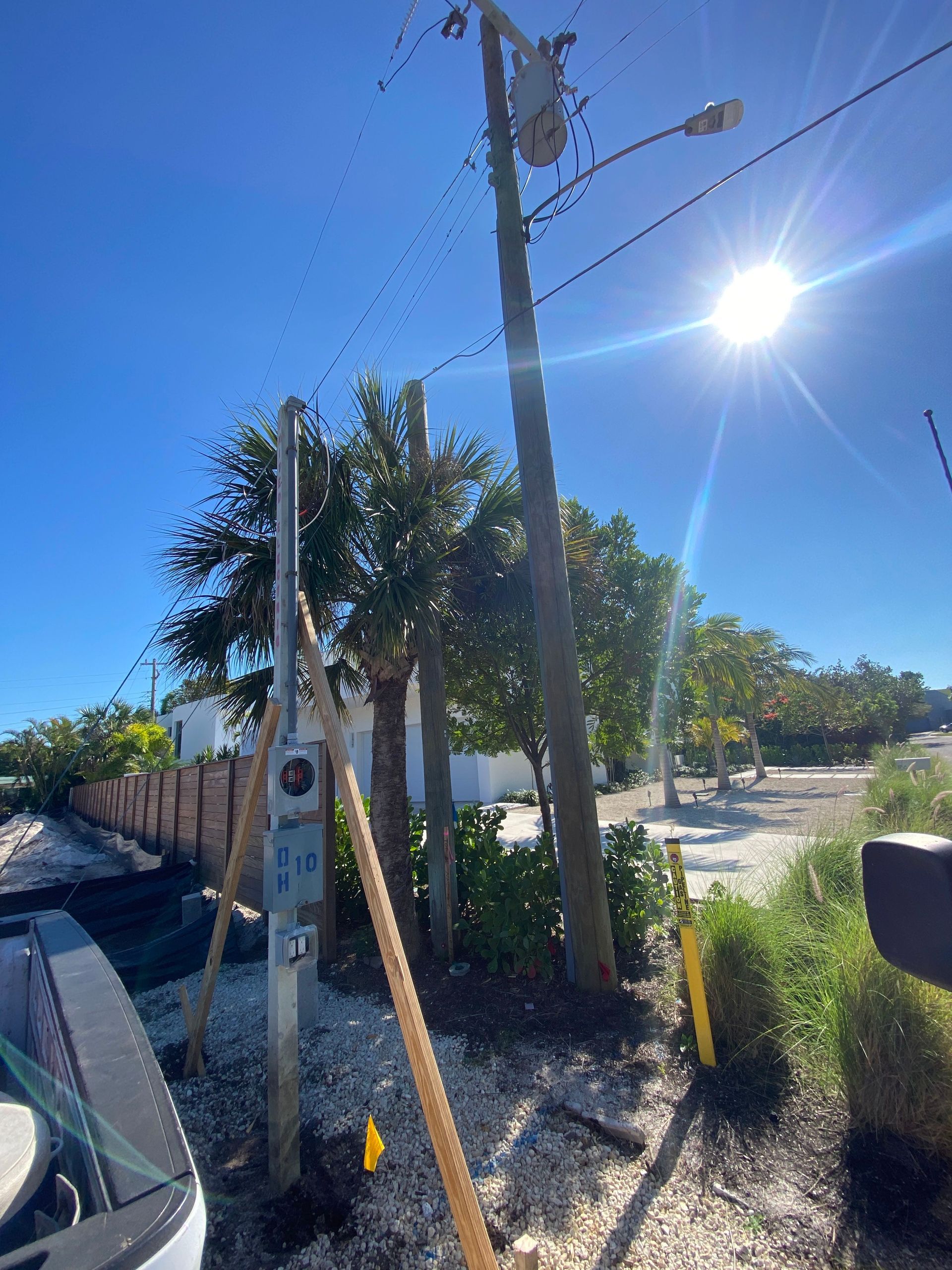 Power lines and poles next to palm trees and a sandy road under a bright blue sky.