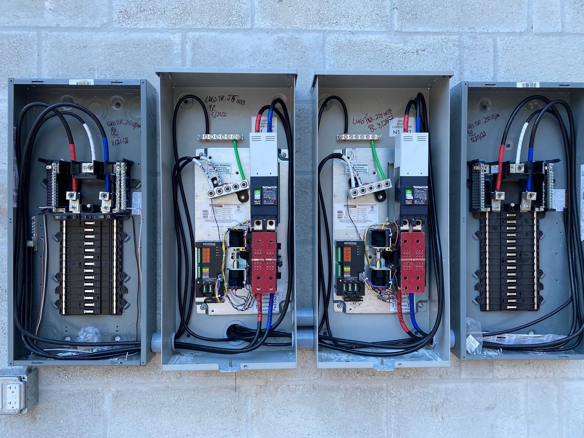 Four gray electrical panels mounted on a concrete wall; panels contain wiring, circuit breakers, and switches.