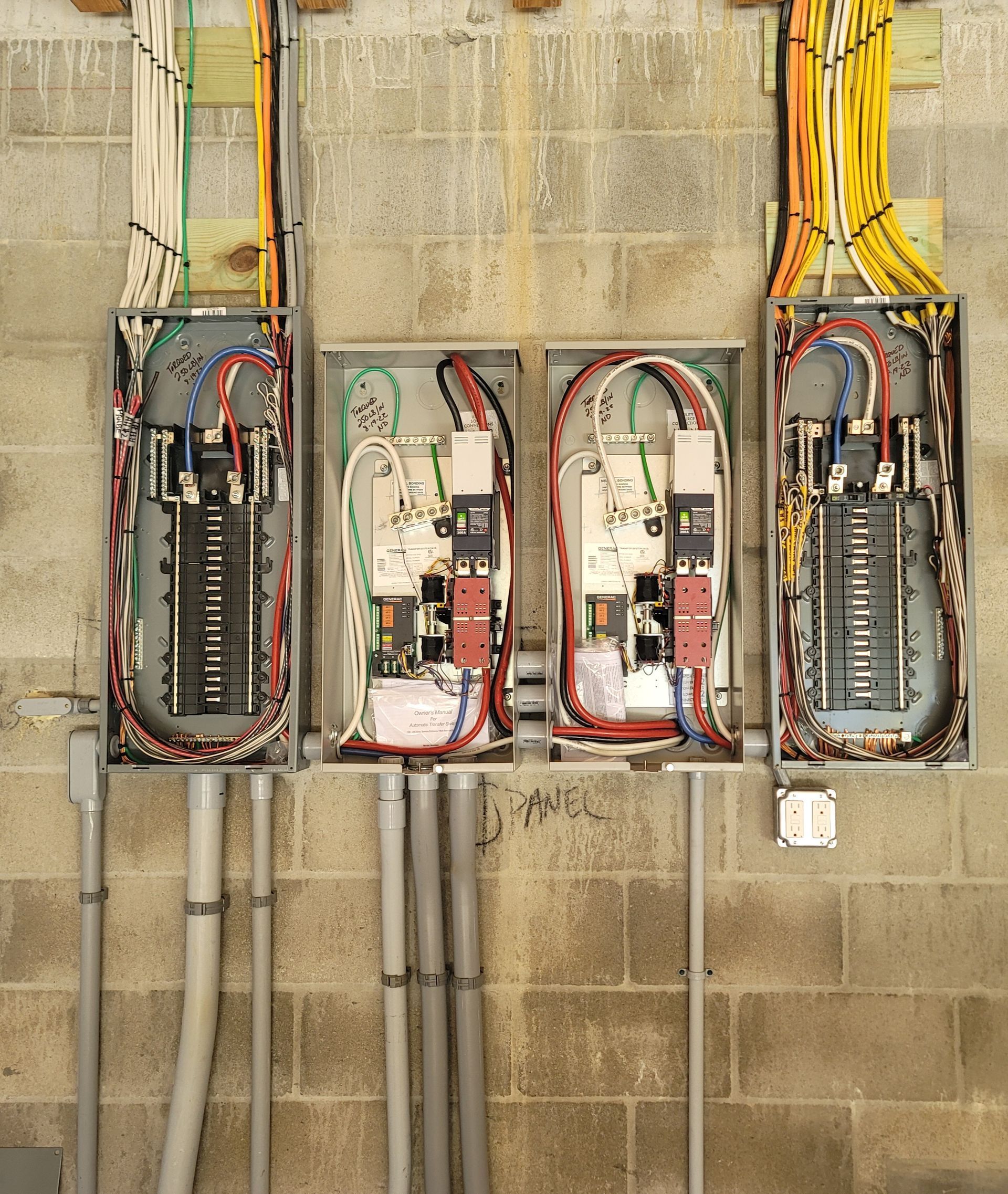 Electrical panels mounted on a cinder block wall; wiring and circuit breakers visible.