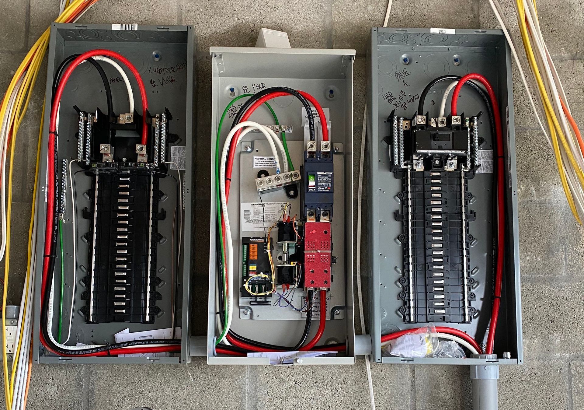 Three gray electrical panels with wiring on a concrete wall.