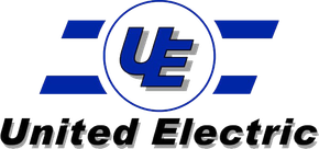 Logo for United Electric. Blue letters "UE" in a white circle, blue horizontal bars, and "United Electric" in black below.