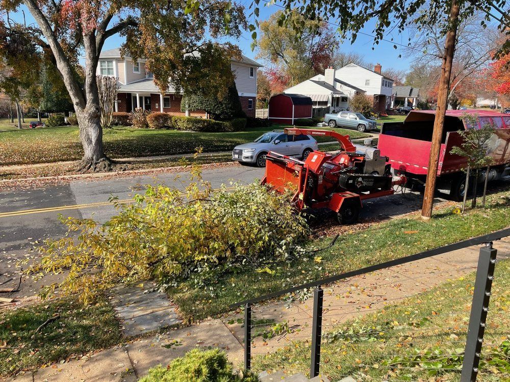 Red utility truck and red trailer parked on a leafy suburban street beside houses and parked cars