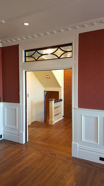 A stained glass window in the middle of the room