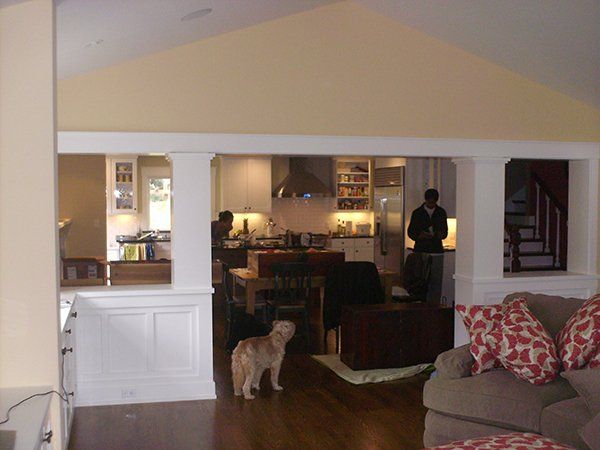 A dog standing in a living room next to a couch