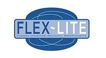 Logo for Flex-Lite, featuring the text in blue and white over a dark blue oval with circular lines.
