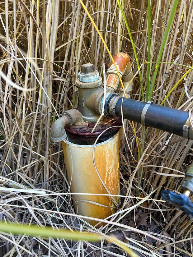 A brass well pump component connected to a black hose sits inside a tan, weathered pipe surrounded by dry, tall grass.