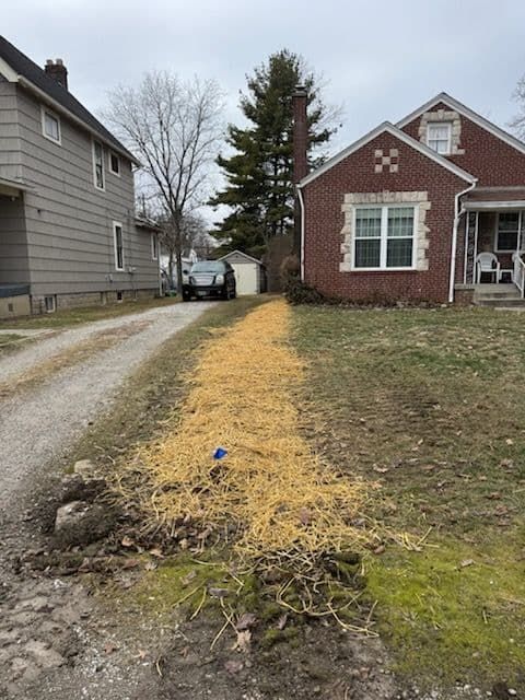 Driveway with mulch, next to a brick house and a gray house. A car is parked in the distance.