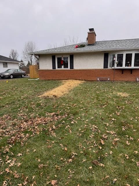 A suburban house with a path of wood shavings on the lawn, a car in the background, cloudy day.