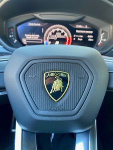 Close-up of an Lamborghini steering wheel and digital dashboard inside a luxury sports car.