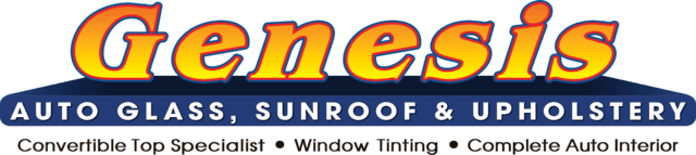 Genesis Auto Glass, Sunroof & Upholstery logo with orange and blue text and a windshield graphic