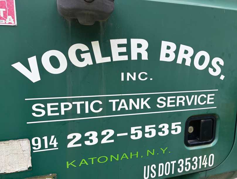 Green septic service truck with “Vogler Bros. Inc.” and “Septic Tank Service” text, Katonah, NY