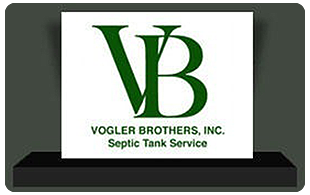 Logo for Vogler Brothers, Inc. Septic Tank Service with green VB monogram on a white plaque