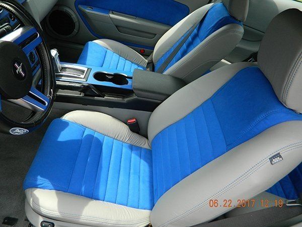 Gray and blue custom front seat