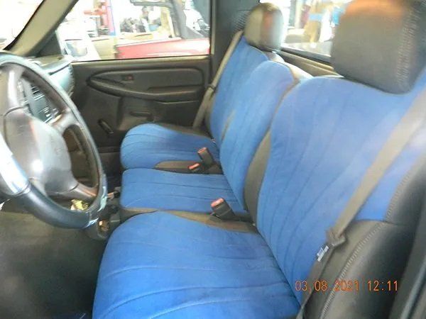 Blue and black front seat
