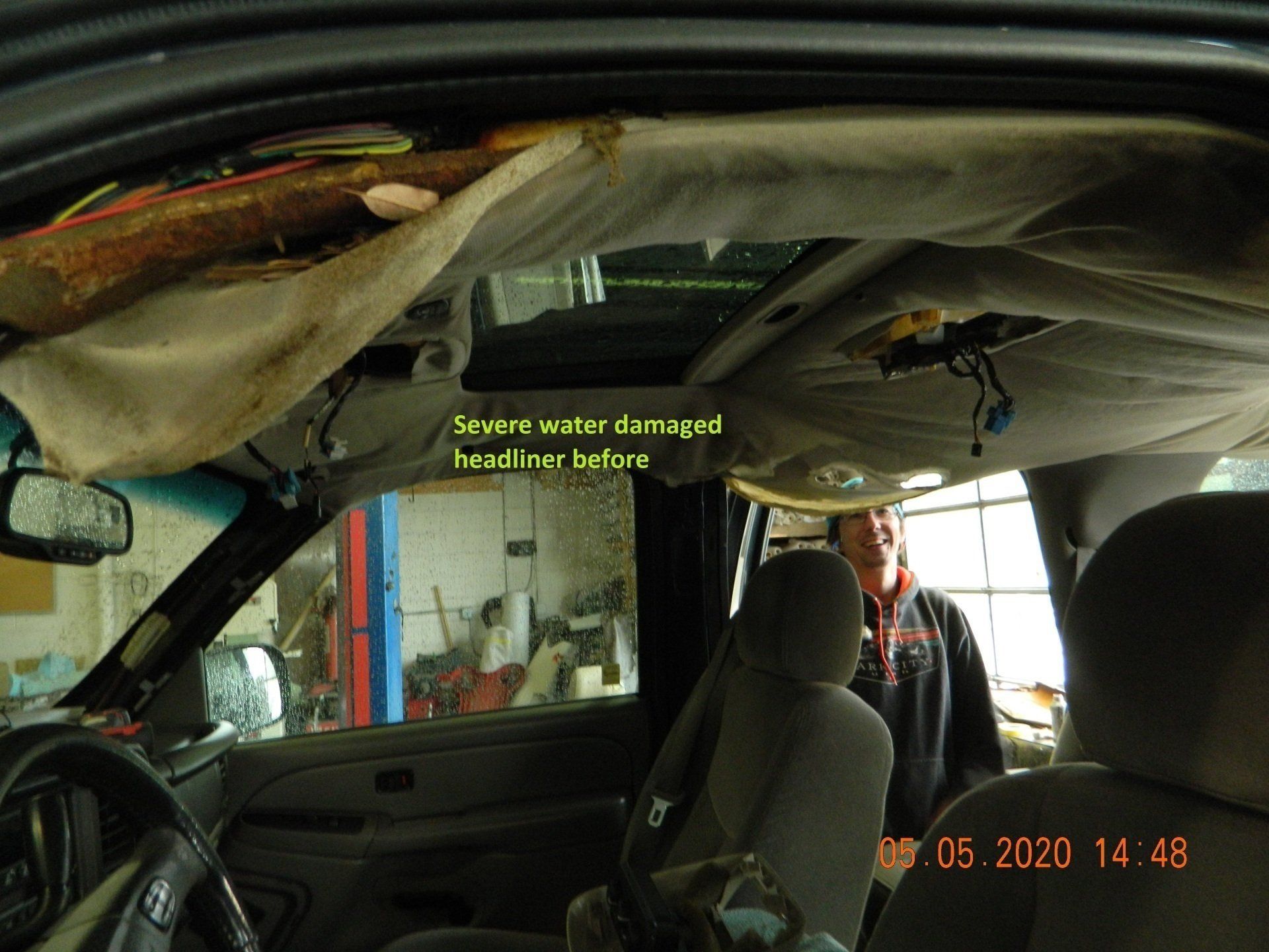 Severe water damaged headliners before