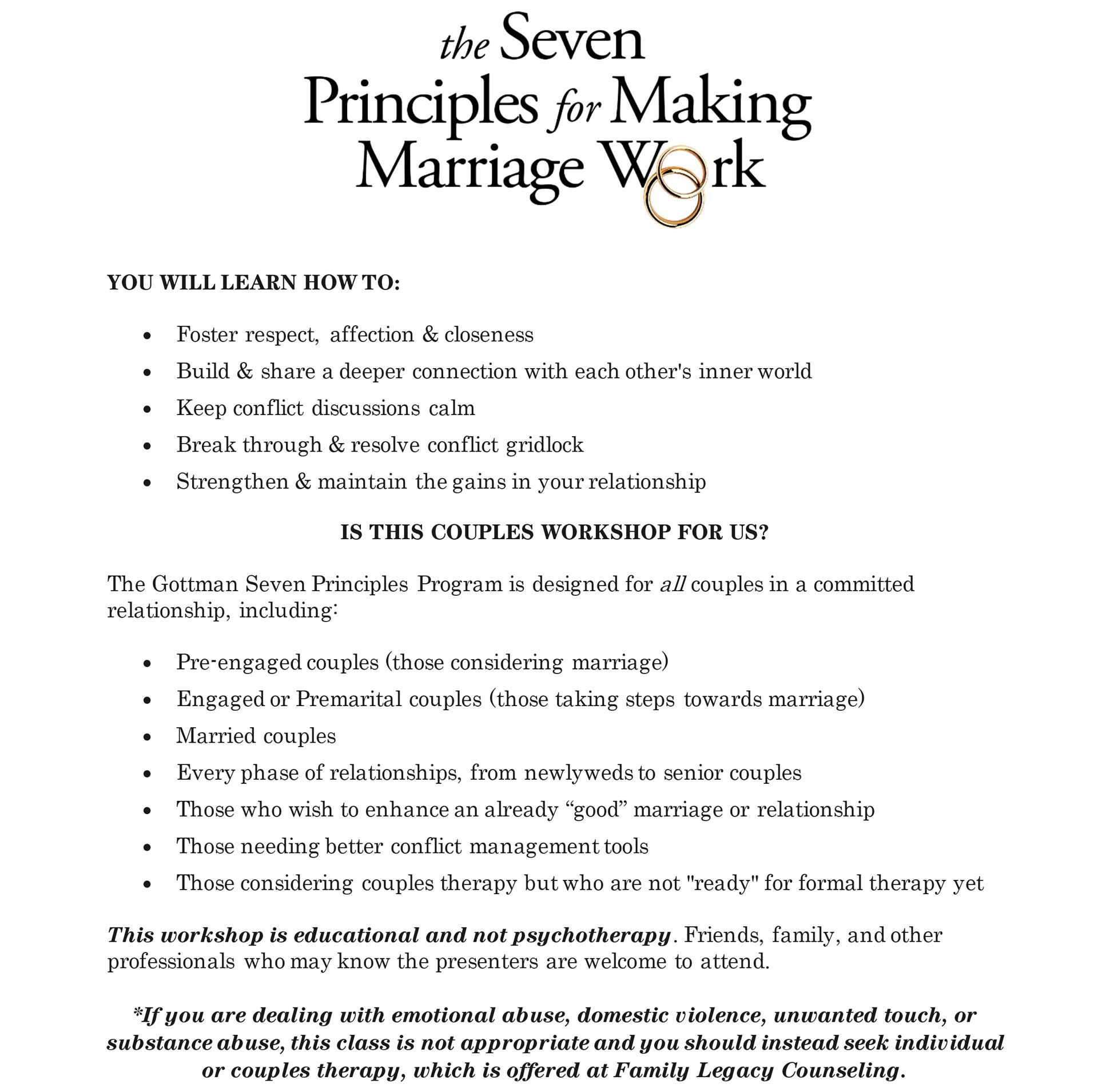 the seven principles for making marriage work zoom class info