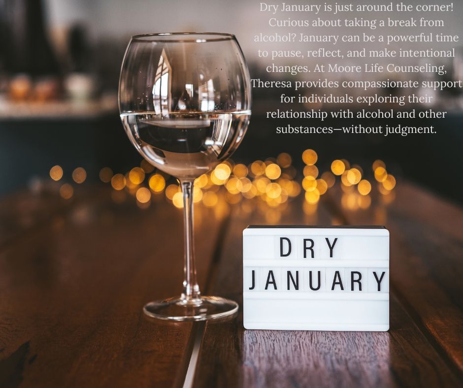 A clear wine glass of water, Dry January sign, and bokeh lights on a wooden surface.