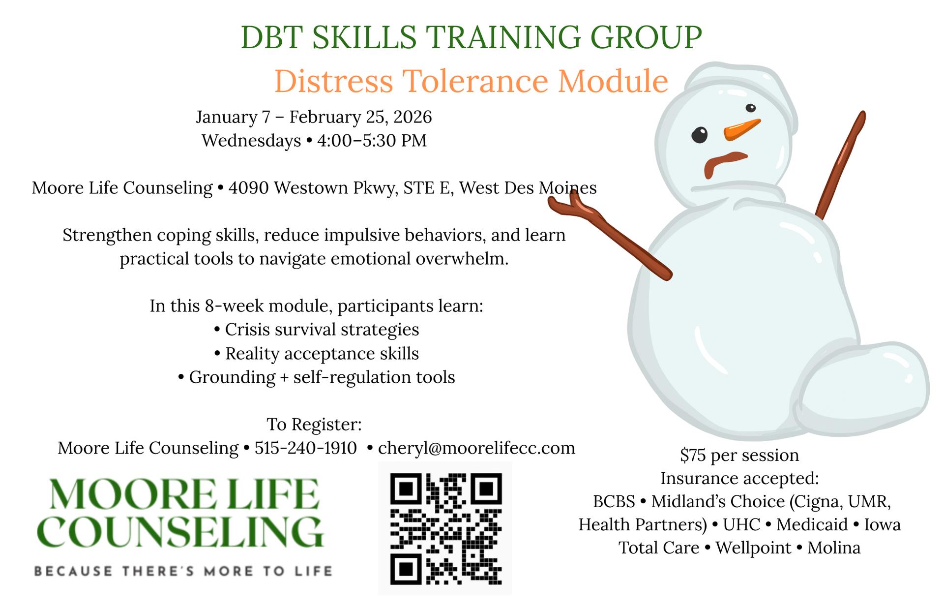 Advertisement for a DBT skills training group with a sad snowman and program details.