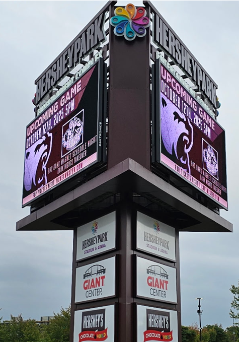 Sign for Hershey Park and Giant Center, displaying event information on LED screens.