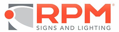 The logo for rpm signs and lighting is red and gray.