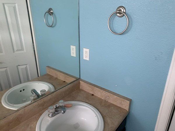 blue walled bathroom