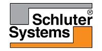 Schluter Systems logo with black text, gray top-left bar, and orange bottom-right bar on white background