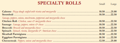 Specialty rolls menu