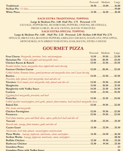 Pizza menu
