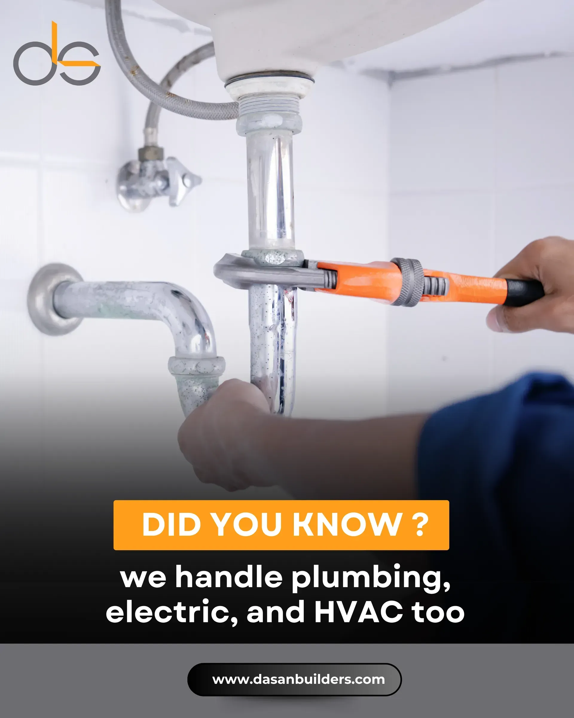 Plumber working on sink pipes with wrench. Text: 