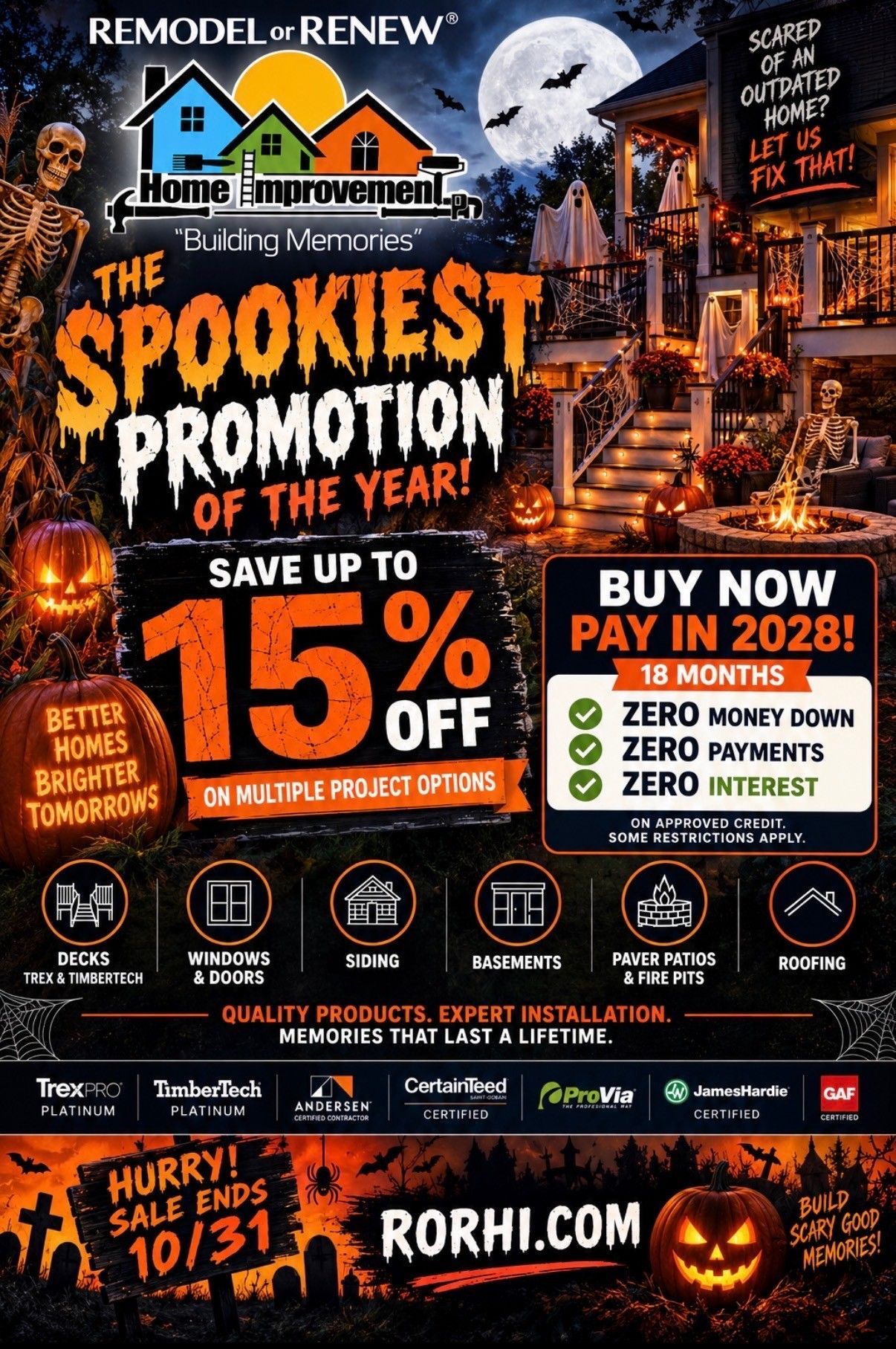 Columbus Day sale ad for remodeling, with orange 'up to 15% off' and 'pay in 18 months' offers