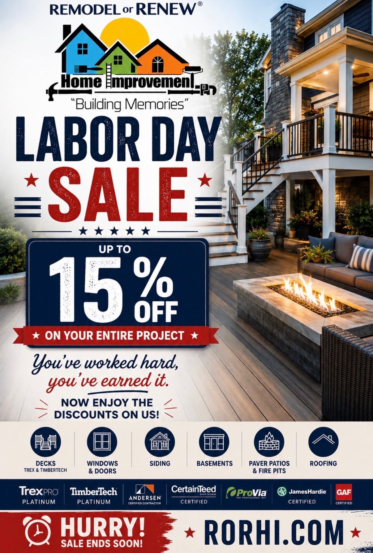 Tax free weekend sale banner with American flag, fireworks, and bold “Buy Now, Save!” text