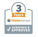 HomeAdvisor screened and approved for 3 years badge. Features an orange ribbon with 