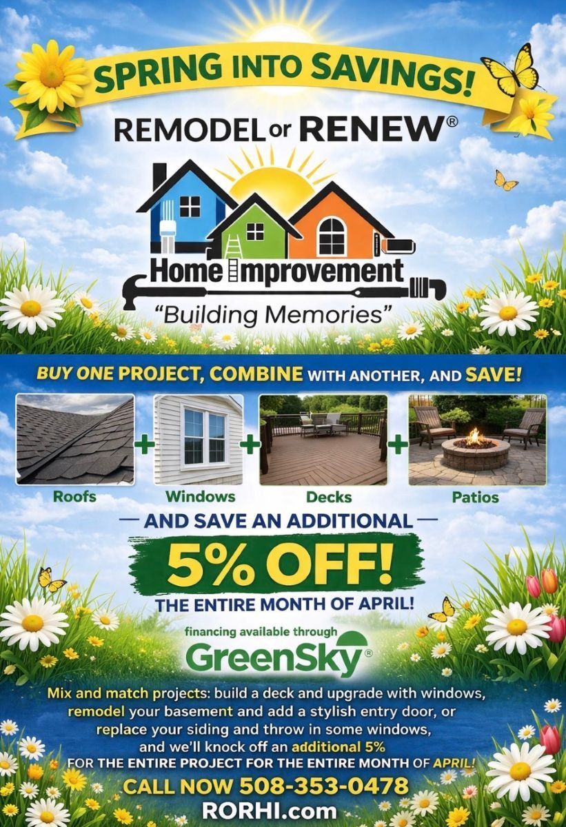 A promotional flyer for 'Remodel or Renew' offering 5% off home improvement projects booked in April. Call 508-353-0478.