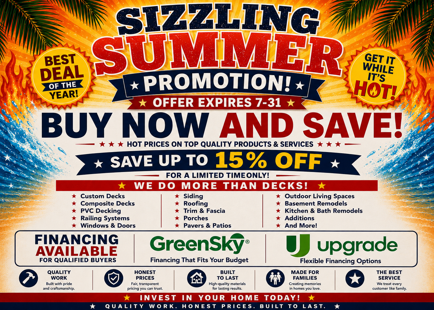 Bright orange summer promotion poster advertising HVAC discounts, financing, and savings up to 15% off.