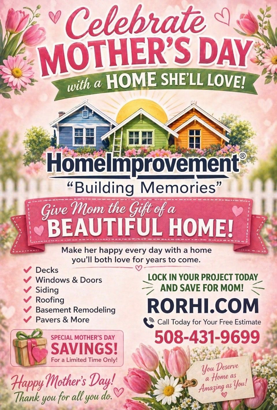 Mother’s Day Home Improvement ad with flowers, house, savings deals, and contact info.