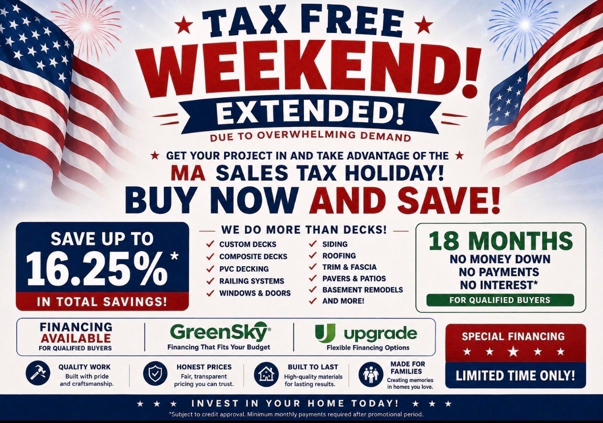 Tax free weekend sale banner with American flag, fireworks, and bold “Buy Now, Save!” text