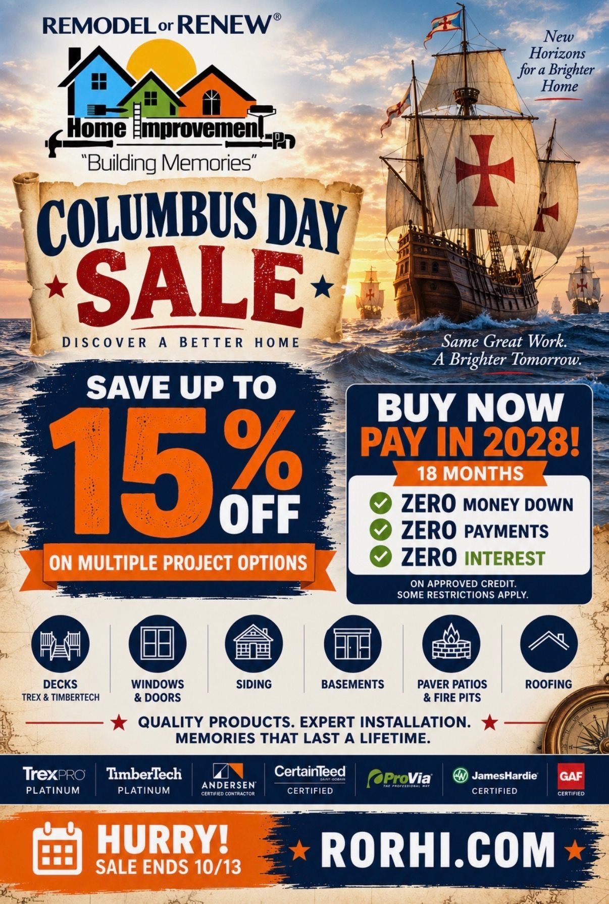 Columbus Day sale ad for remodeling, with orange 'up to 15% off' and 'pay in 18 months' offers