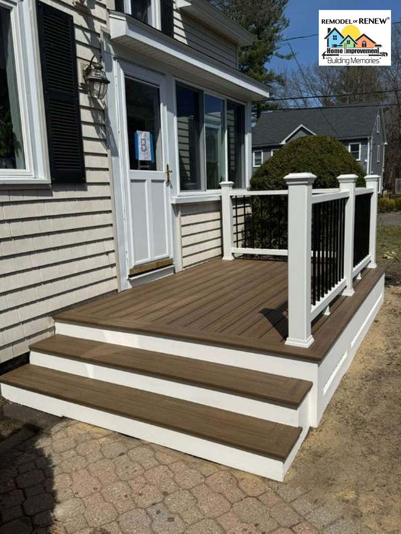 A new brown composite deck with white railings and two steps, attached to a house with light-colored siding.