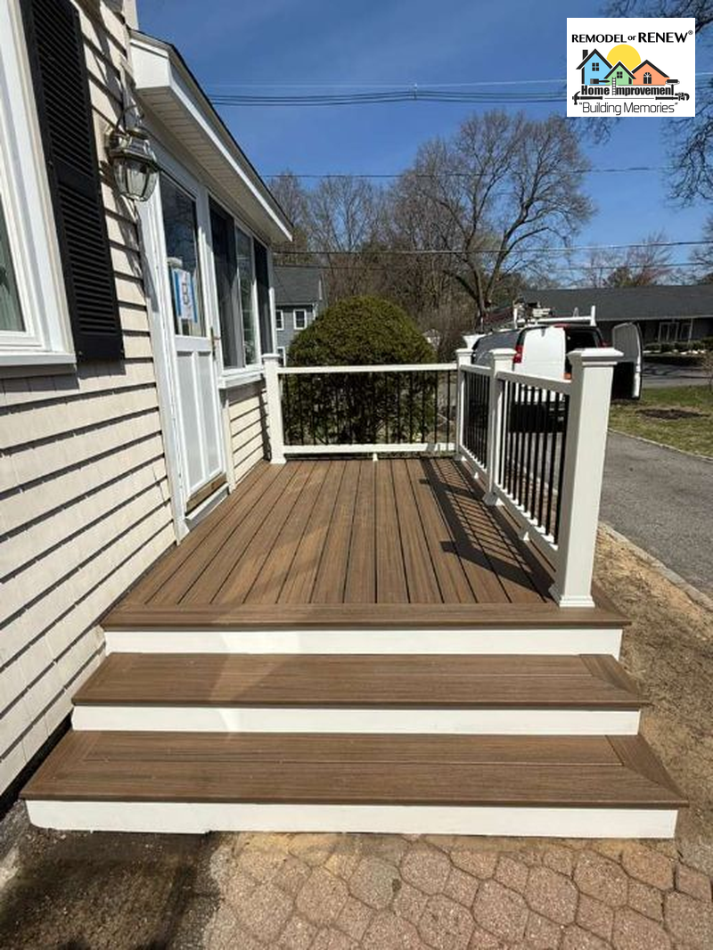 A newly installed wood-toned deck with white railings and two steps leading to a house entrance.