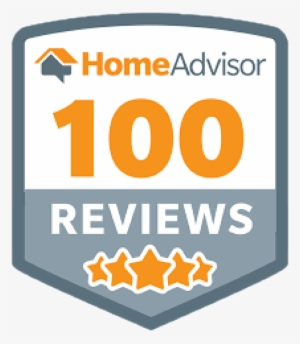 HomeAdvisor badge: 100 reviews, orange numbers, three-star rating, gray and white design.