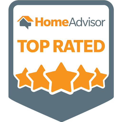 HomeAdvisor Top Rated badge with orange stars and text on a gray background.