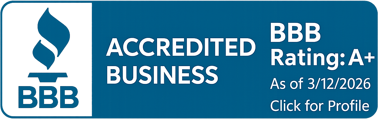 BBB Accredited Business logo, A+ rating, as of 3/12/2026.