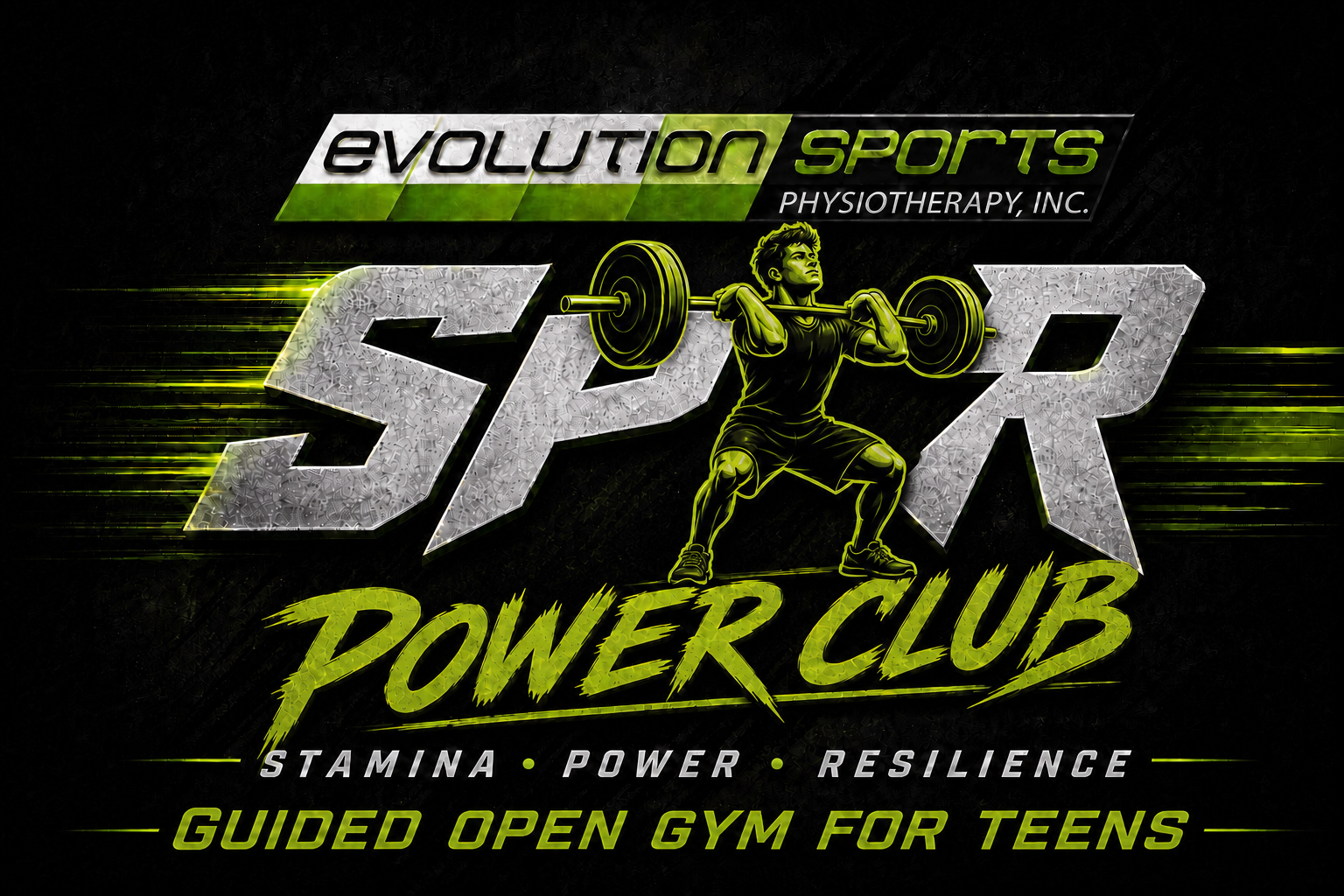 Evolution Sports Physiotherapy logo with bold green and black SPOR power club branding and workout silhouettes