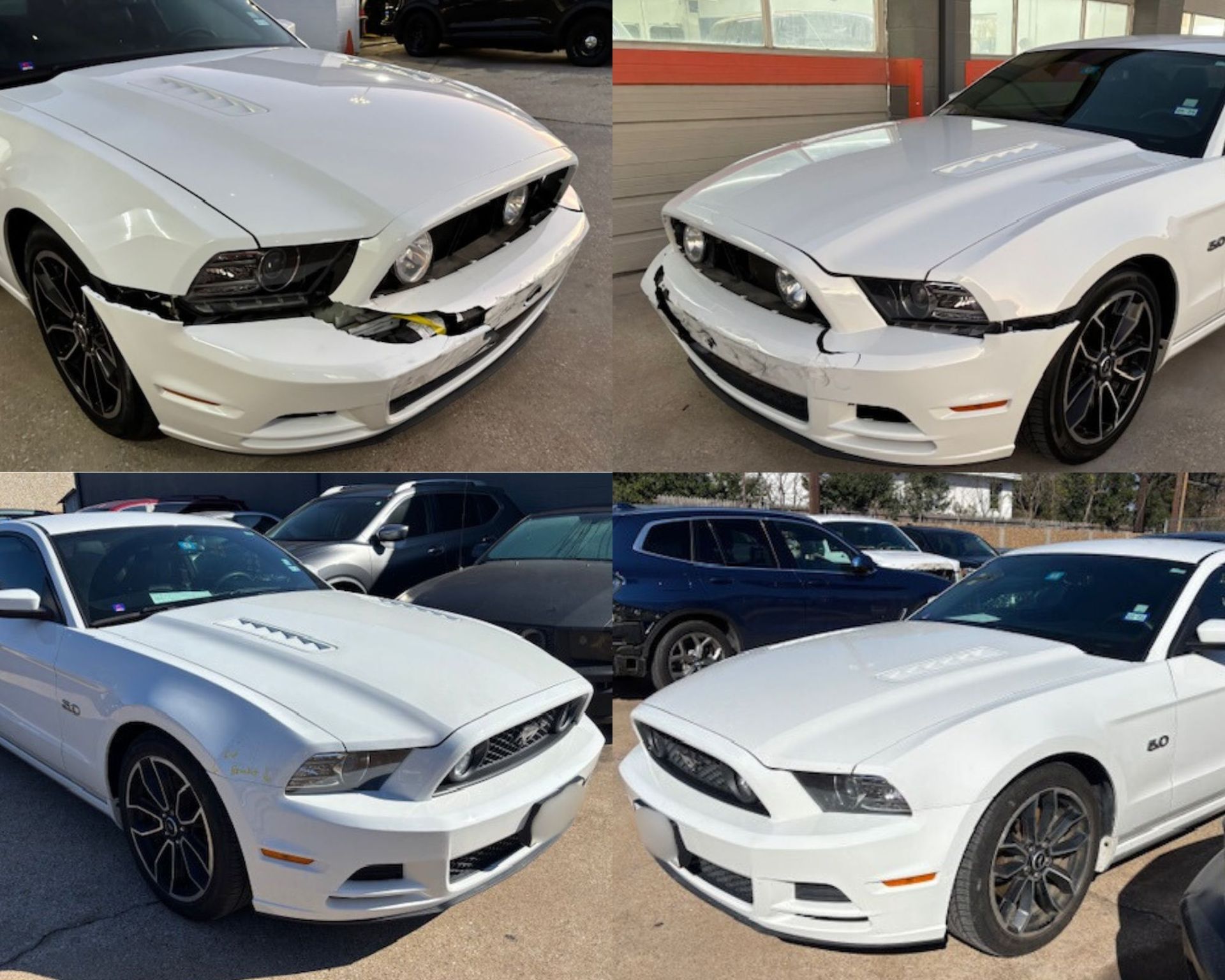 Before and after photos of a white Ford Mustang