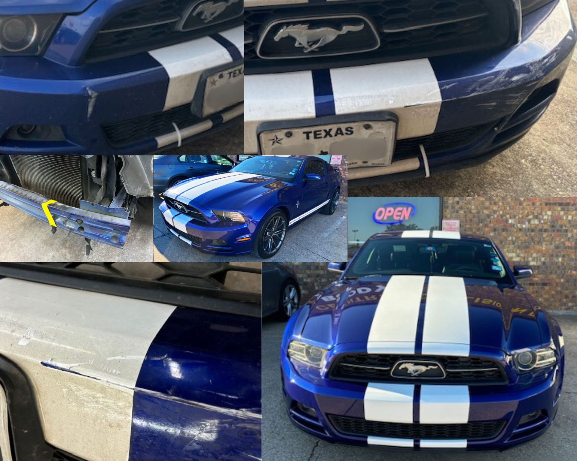 Before and after photos of a white and blue Ford Mustang